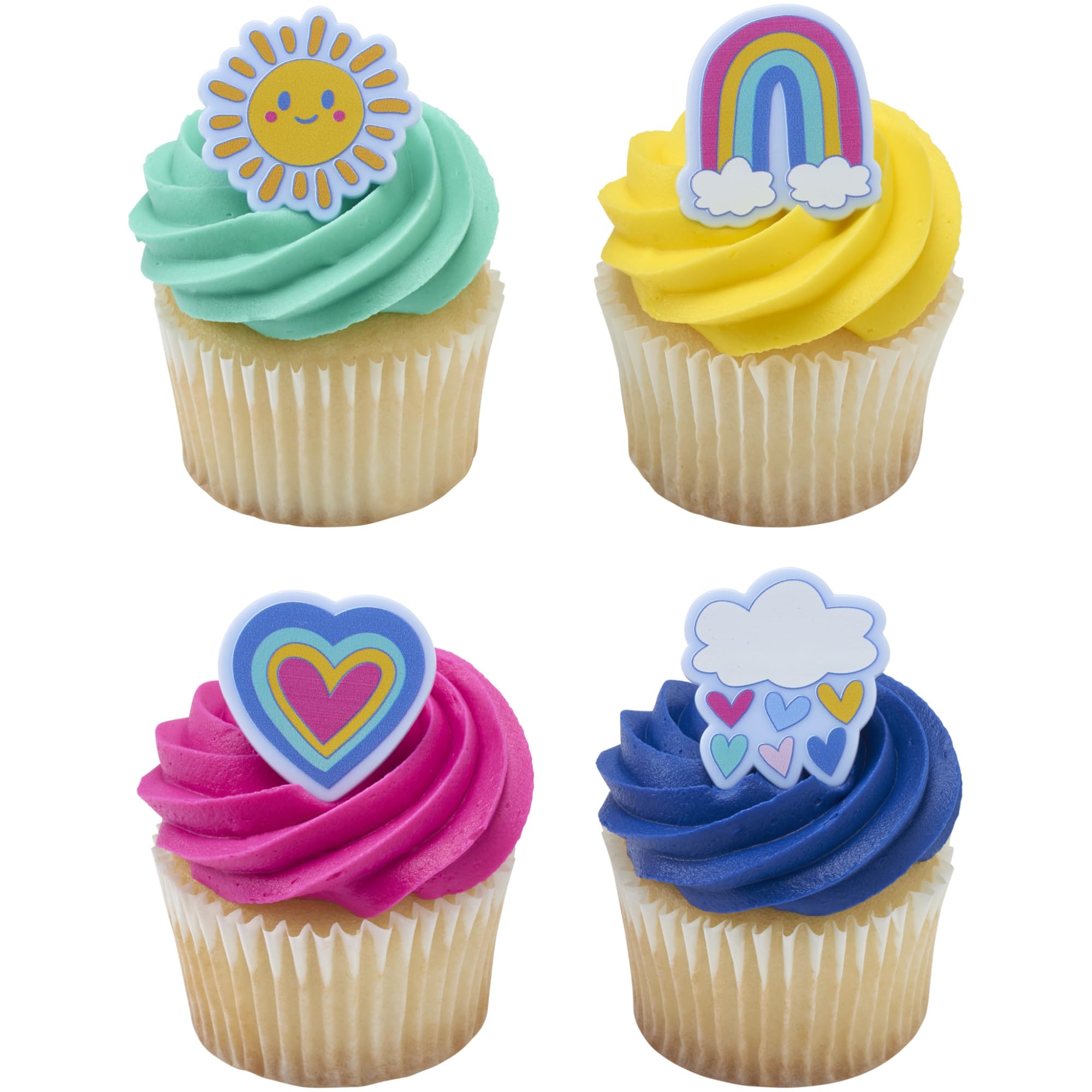 DecoPac Joyful Sunshine Cupcake Toppers, 24 Colorful Cupcake Rings For Birthday Parties, Featuring Rainbows, Hearts, Clouds, & Sun - 24 Pack - Image 10