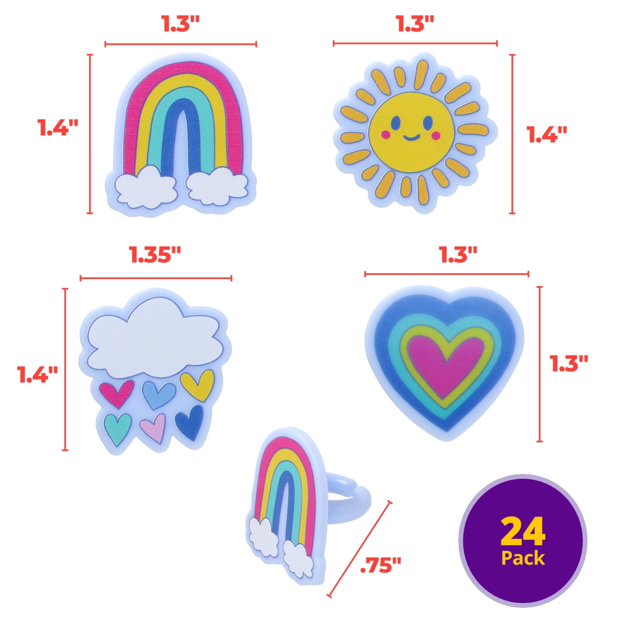 DecoPac Joyful Sunshine Cupcake Toppers, 24 Colorful Cupcake Rings For Birthday Parties, Featuring Rainbows, Hearts, Clouds, & Sun - 24 Pack - Image 3