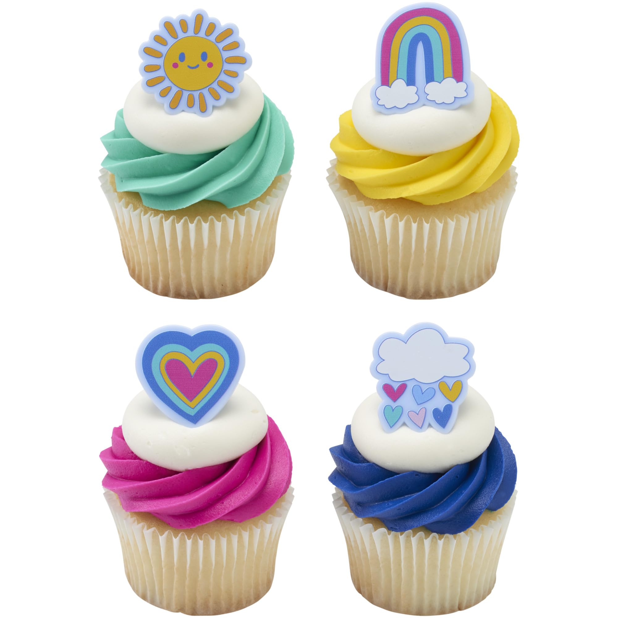 DecoPac Joyful Sunshine Cupcake Toppers, 24 Colorful Cupcake Rings For Birthday Parties, Featuring Rainbows, Hearts, Clouds, & Sun - 24 Pack - Image 5