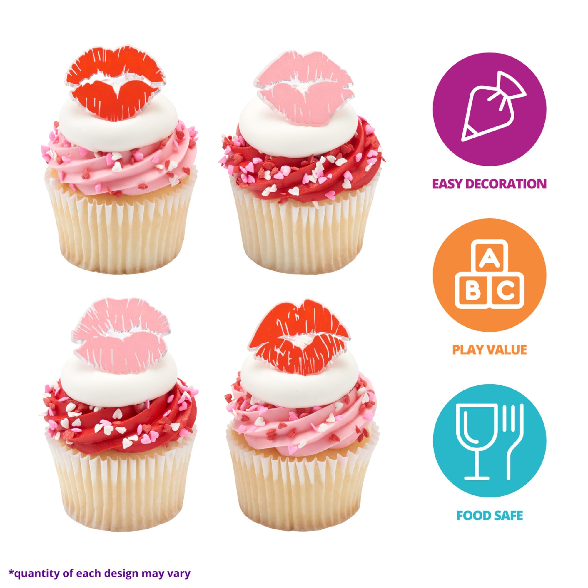 DecoPac Say It With Kisses Rings, 24 Red Lip Cupcake Decorations For Valentine's Day, Wedding, Engagement, Bachelorette, Anniversary, Food Safe Cake Toppers - 24 Pack - Image 3
