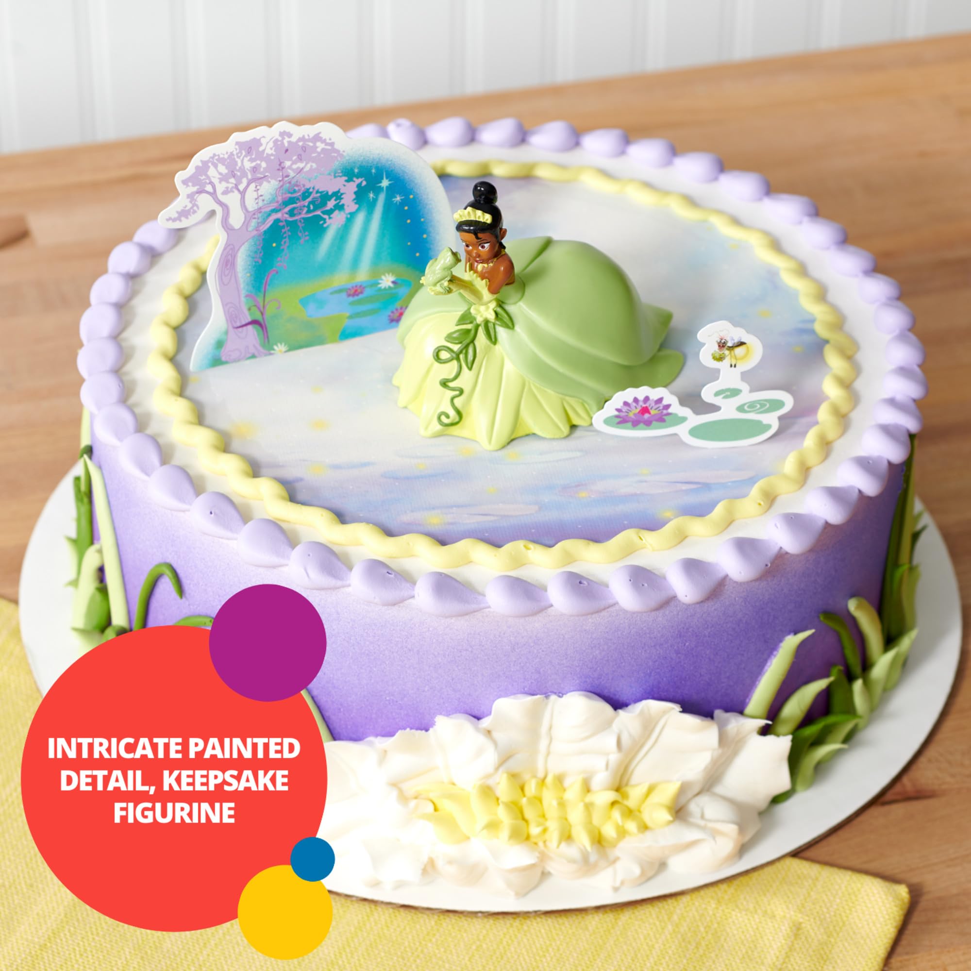DecoSet® Disney Princess Tiana Cake Topper, 3-Piece Cake Decoration With Tiana And Frog Figurine, Water Lily Pic, And Background Scenery Pic - Image 3