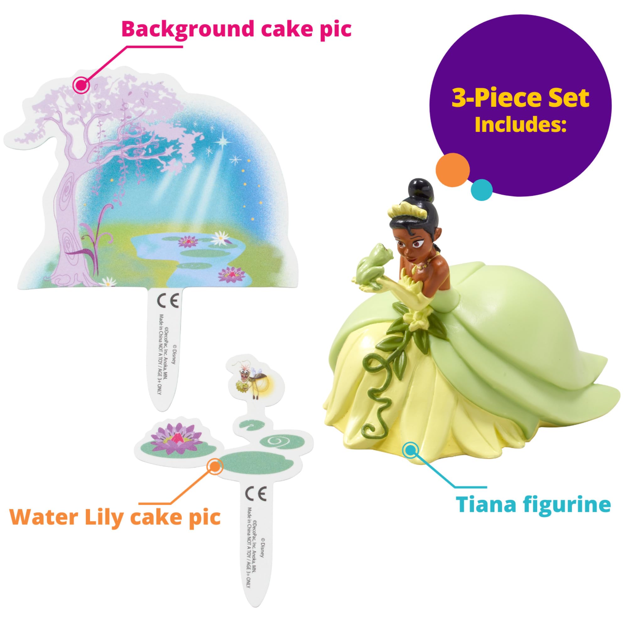 DecoSet® Disney Princess Tiana Cake Topper, 3-Piece Cake Decoration With Tiana And Frog Figurine, Water Lily Pic, And Background Scenery Pic - Image 4