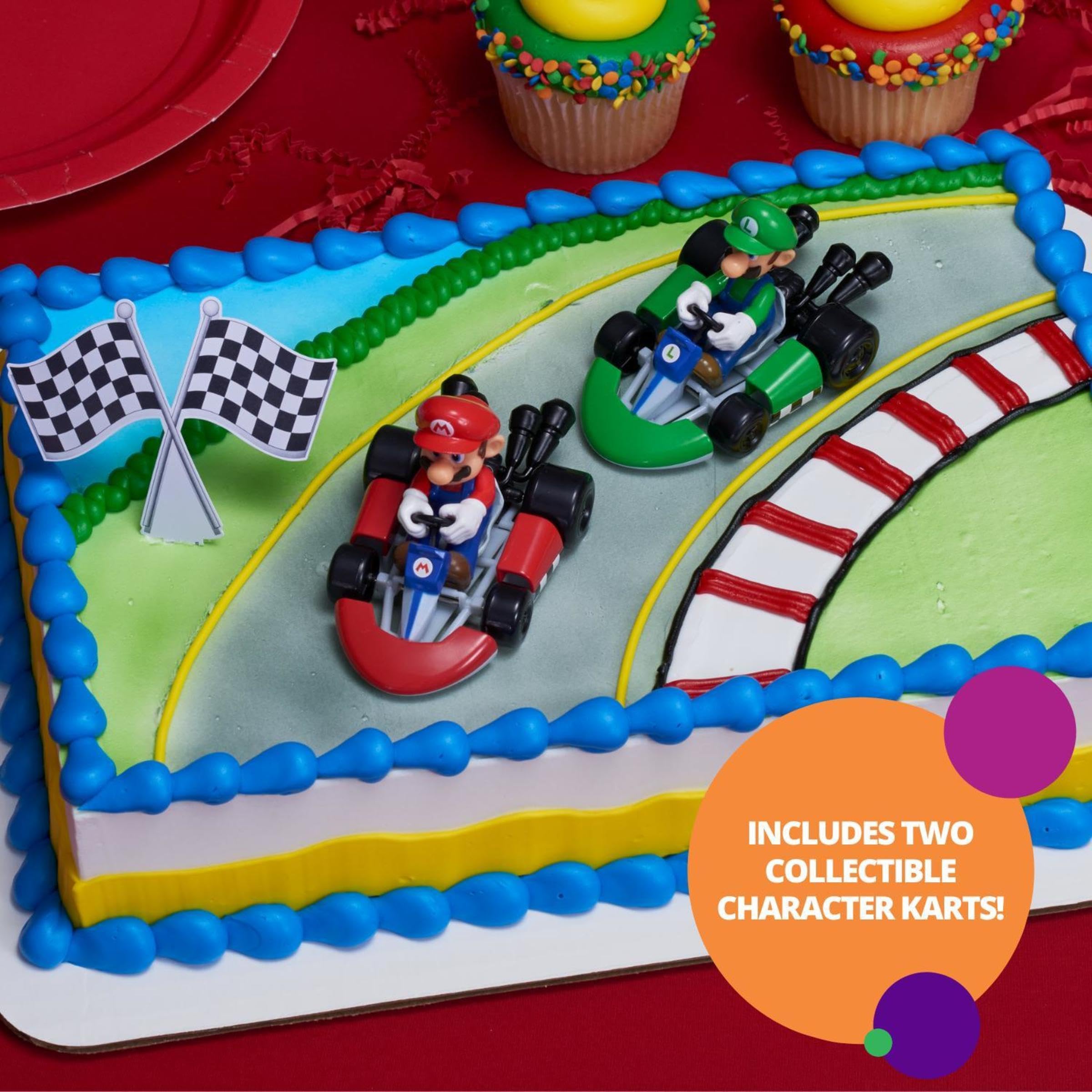 DecoSet® Mario Kart™ Cake Topper, 3 Piece Cake Decoration with Race Kart Toppers & Checkered Flag Decoration, Collectible Character Karts for Hours of Fun After the Party - Image 4
