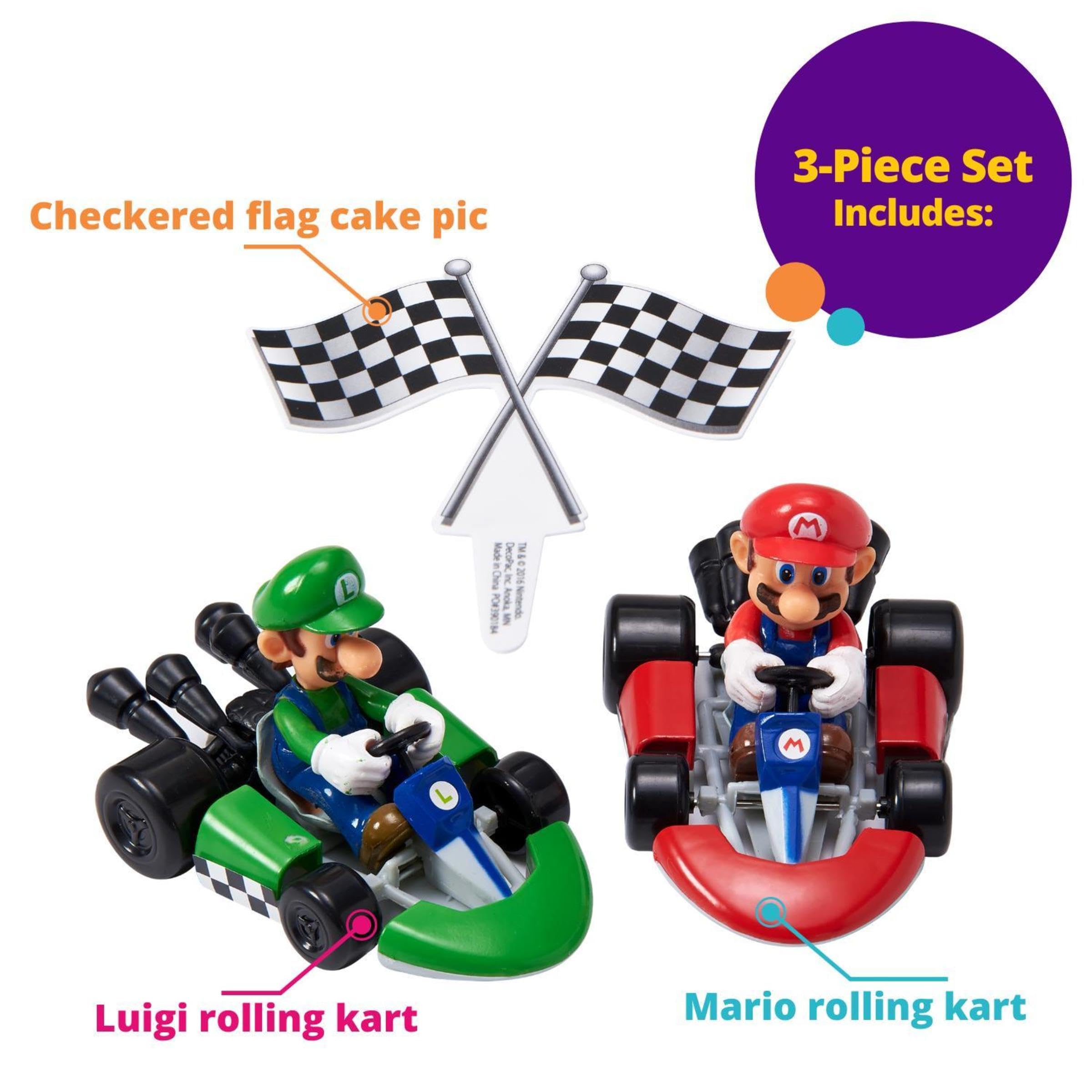 DecoSet® Mario Kart™ Cake Topper, 3 Piece Cake Decoration with Race Kart Toppers & Checkered Flag Decoration, Collectible Character Karts for Hours of Fun After the Party - Image 5