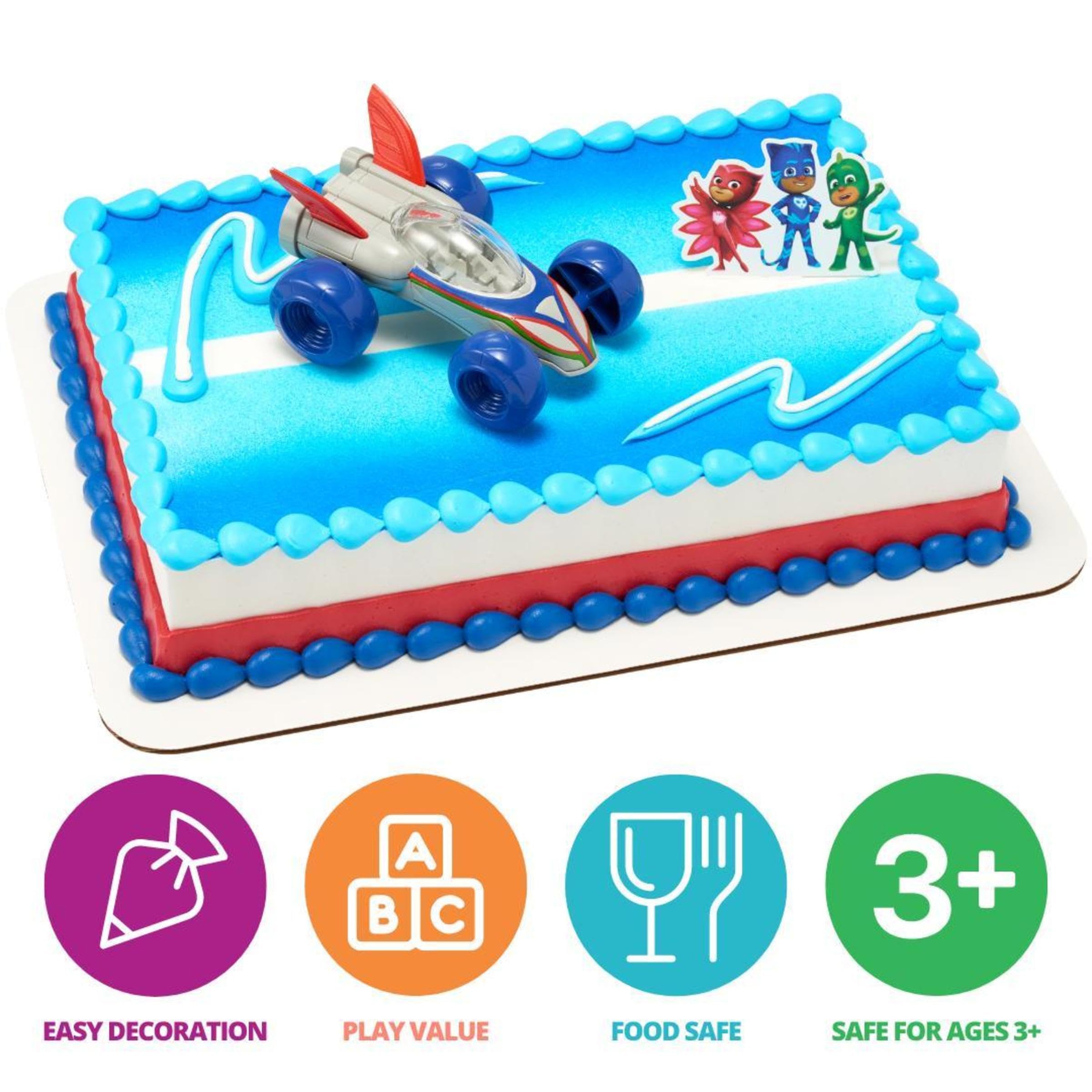 DecoSet® PJ Masks Save the Day Cake Topper, 2 Piece Cake Decoration With Free-Wheeling Car And Catboy, Owlette, and Gekko Pic | For Birthday, Parties, Celebration - Image 3