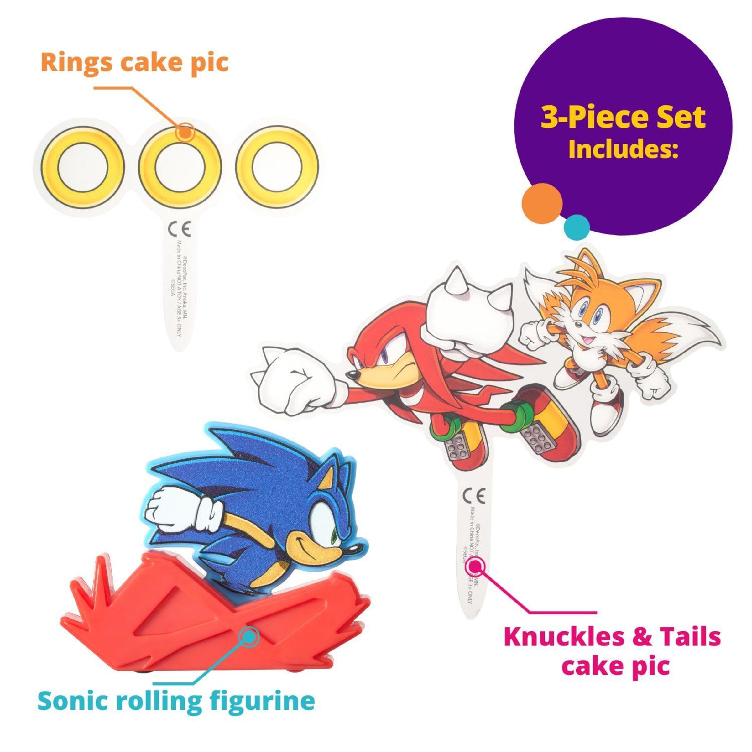 DecoSet Sonic The Hedgehog Cake Topper, 3-Piece Decoration Set With Tails & Knuckles Cake Pic, Rings Cake Pic And Rolling Sonic Action Figurine, For Birthday And Celebrations - Image 5