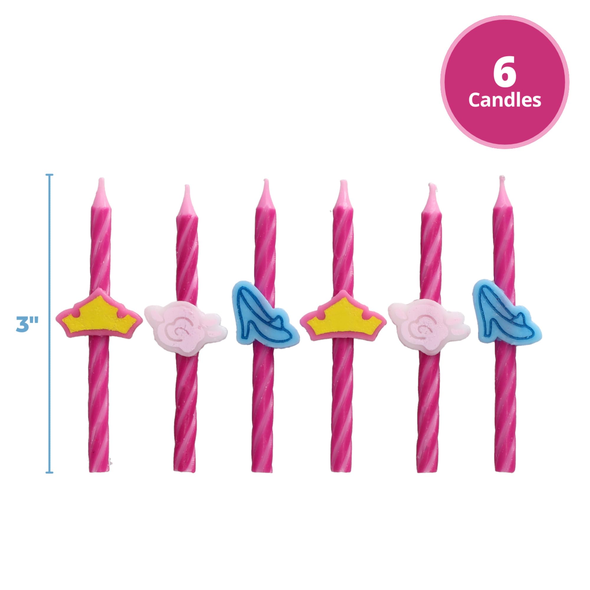 Disney Princess Birthday Cake Candles | 6 Birthday Candles for Cake Decorations, Pink Stripe Candles Featuring Aurora's Crown, Belle's Rose & Cinderella's Glass Slipper for Disney Princess Party - Image 3