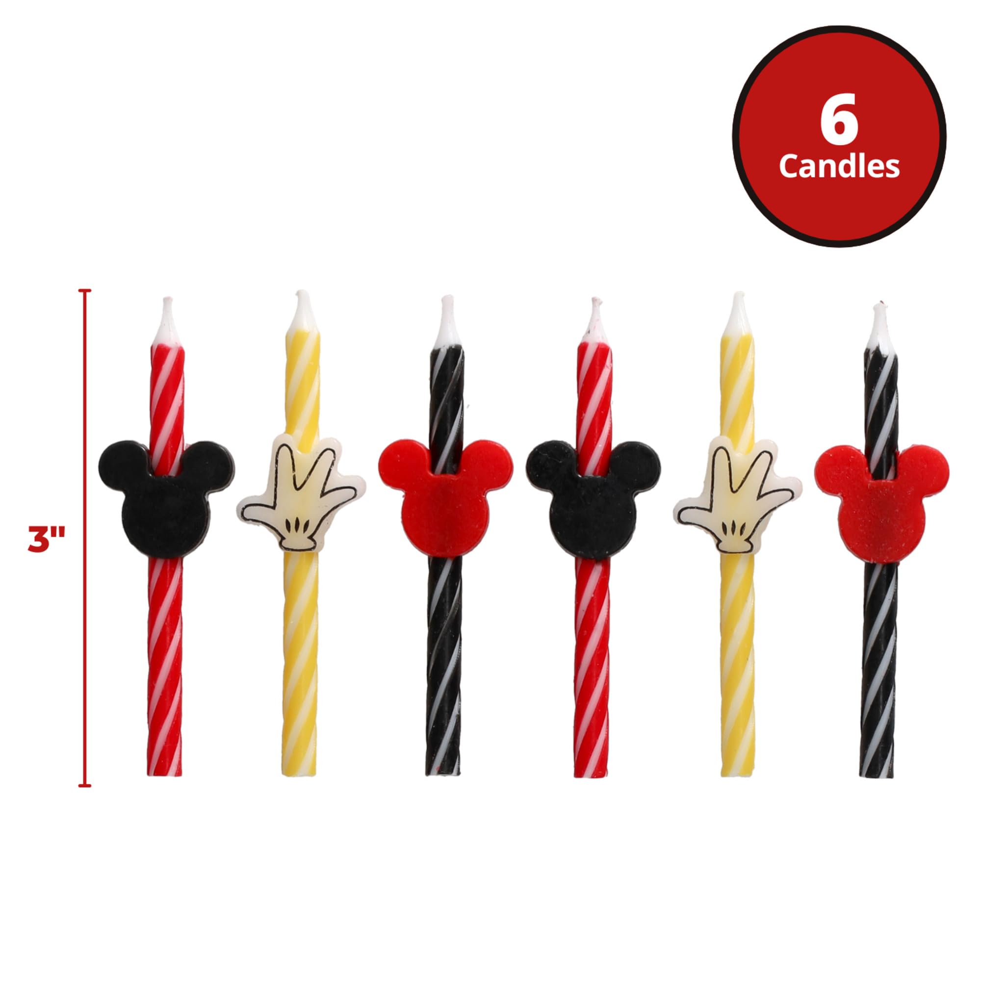 Disney's Mickey Mouse Birthday Cake Candles | 6 Birthday Candles for Cake Decorations, Red, Yellow & Black Stripe Candles for Mickey Mouse Party - Image 3