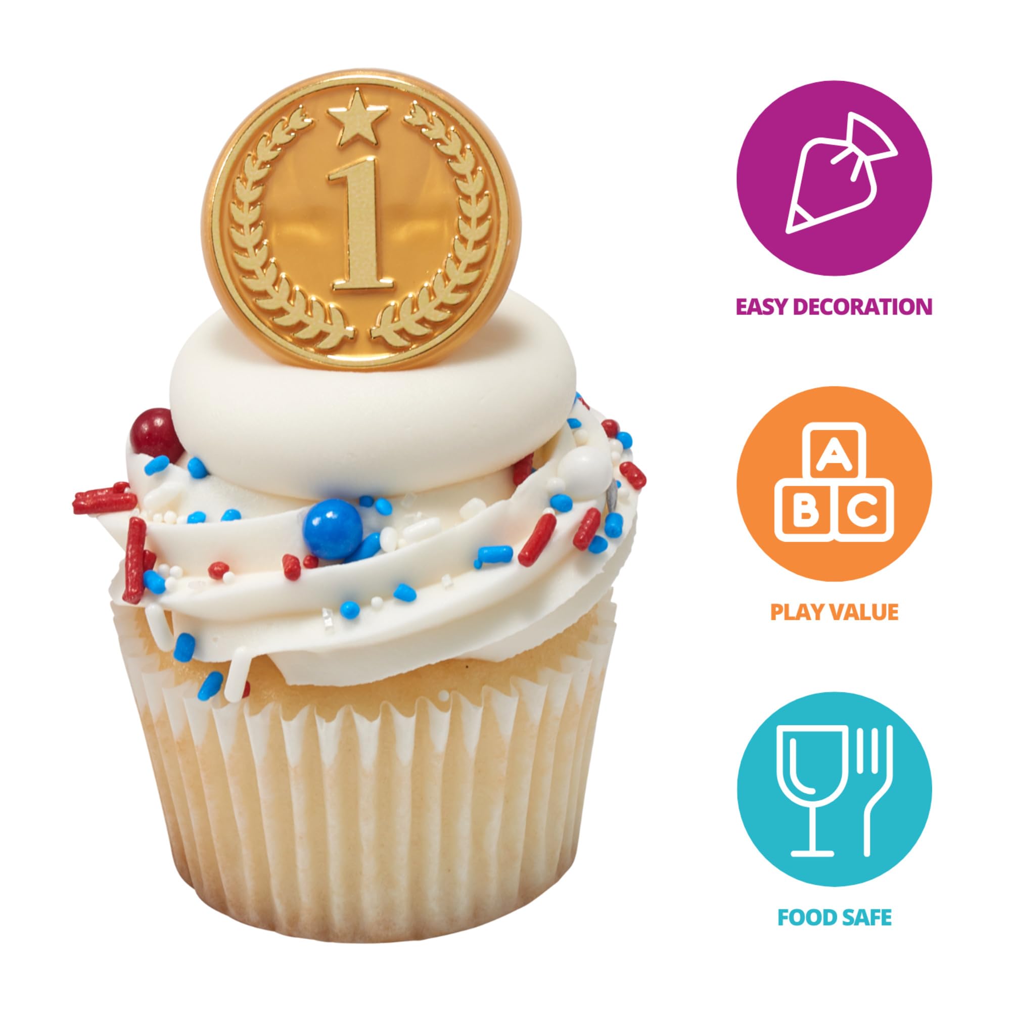Gold Medal Cupcake Rings, 24 Cupcake Toppers For Sports Celebrations, Winter Olympics, Number 1, Food Safe Cake Toppers – 24 Pack - Image 3