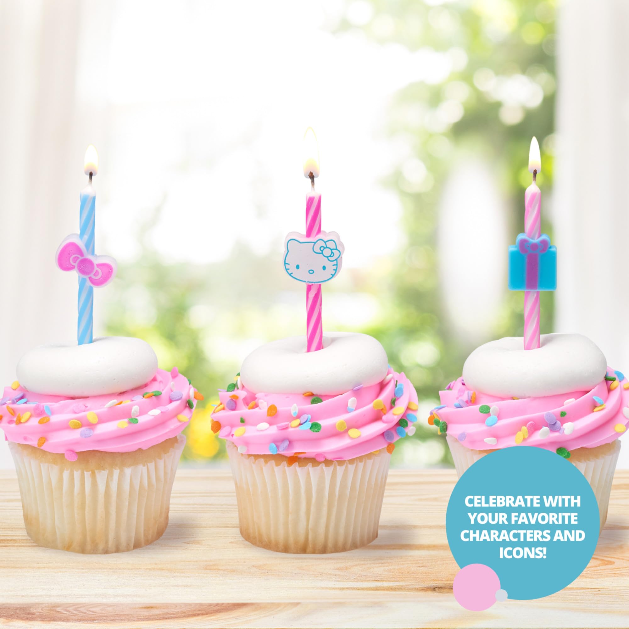 Hello Kitty® Birthday Cake Candles | 6 Birthday Candles for Cake Decorations, Pink & Blue Striped Candles, Cupcake Toppers for Hello Kitty® Party - Image 3