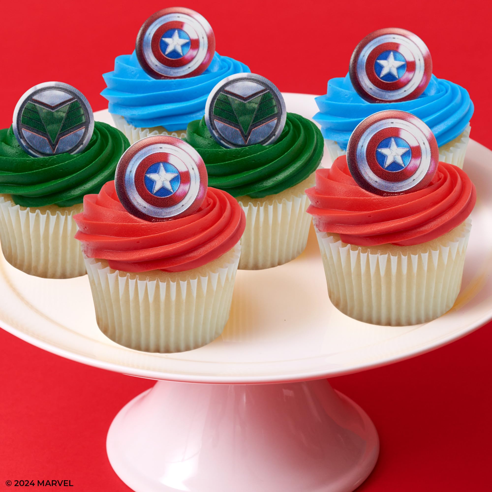 Marvel Studios' Captain America: Brave New World Cupcake Rings, 24 Captain America & Falcon Cupcake Decorations, Food Safe Cake Toppers, Party Favors – 24 Pack - Image 3