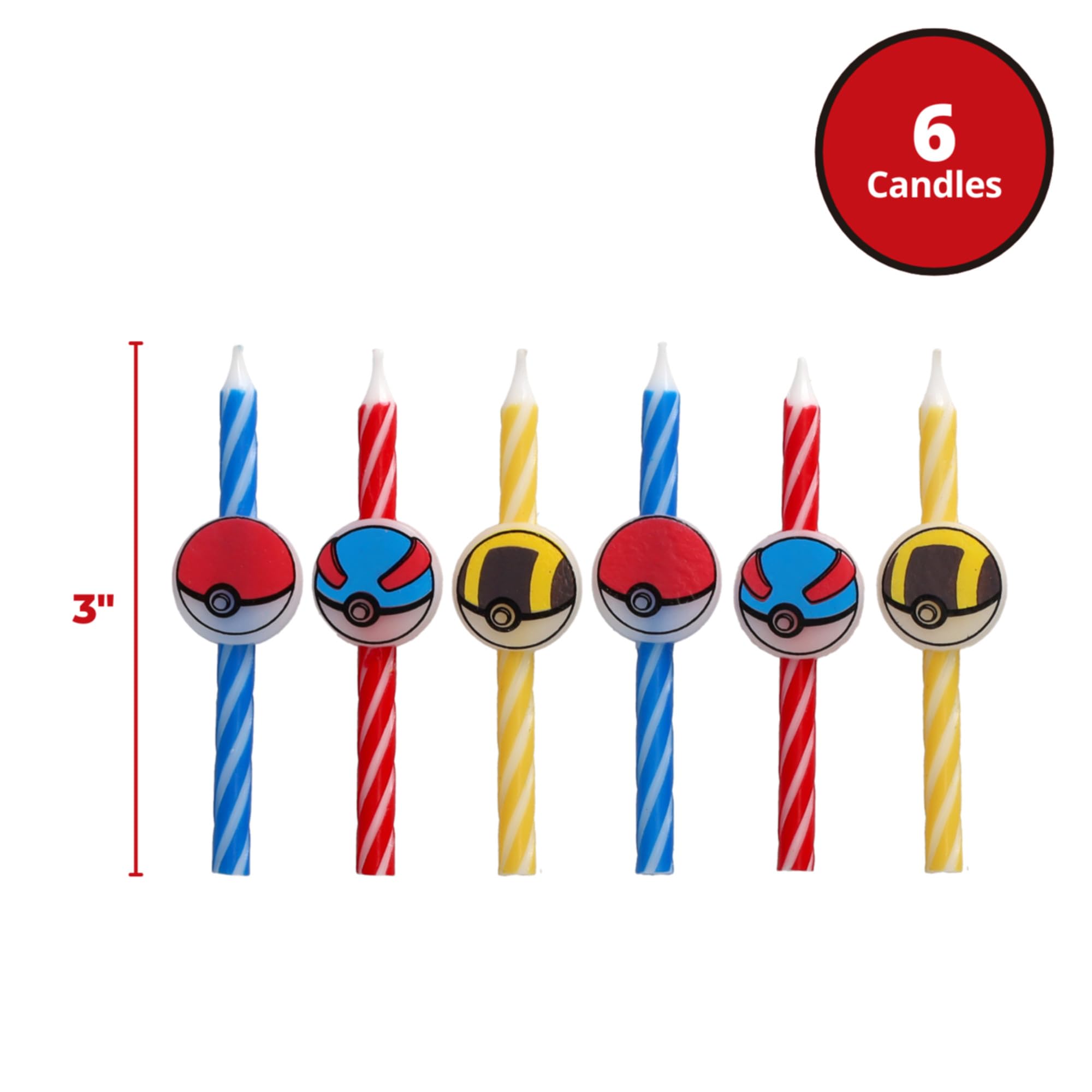 Pokémon Birthday Cake Candles | 6 Birthday Candles for Cake Decorations, Red, Blue, Yellow Striped Candles, Poké Ball Cake Toppers for Pokémon Party - Image 3